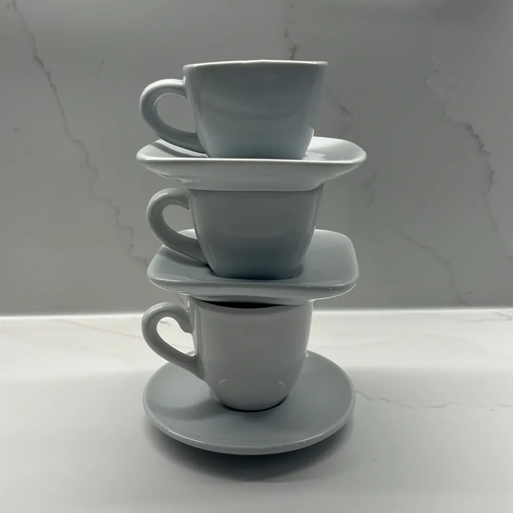 2 Crate & Barrel via Cordon Bleu Espresso Cups + Saucers & 1 round Portugal set